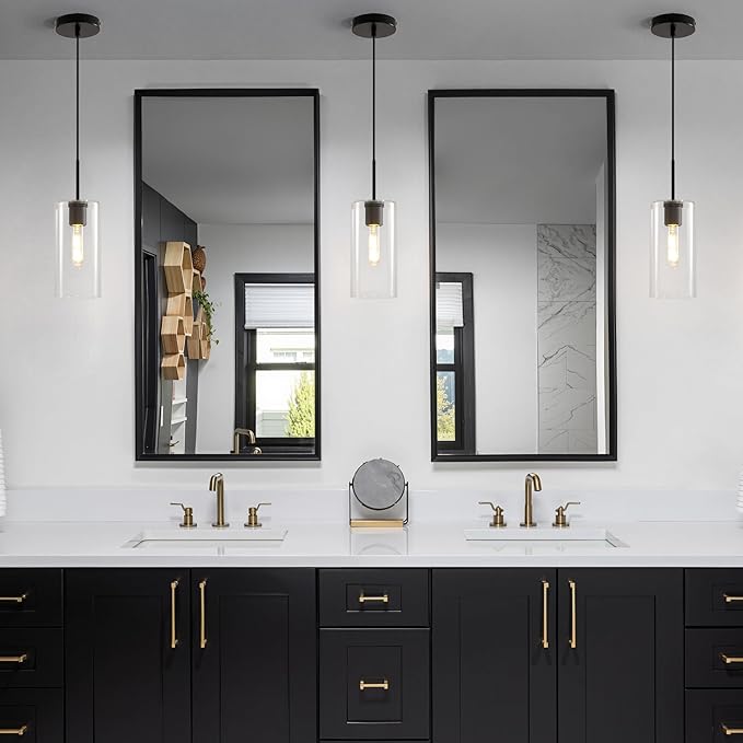 Matte Black Glass Pendant Light: Seeded Clear Glass Pendant Light over Kitchen Island set of 2 - Minimalist Hanging Lights with Short Tube - Height Adjustable Pendants Lighting Fixture for Dining Room