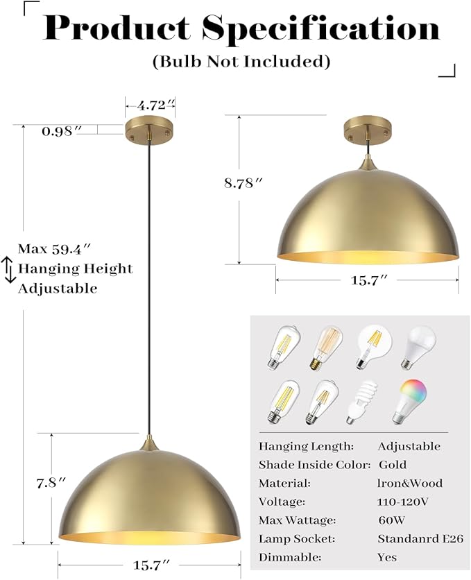Gold Pendant Light 3 Packs, Gold Dome Pendant Light 16 inch, Large Pendant Lights Kitchen Island, Industrial Farmhouse Pendant Lights for Kitchen Island, Dining Room, Cafe, Bar