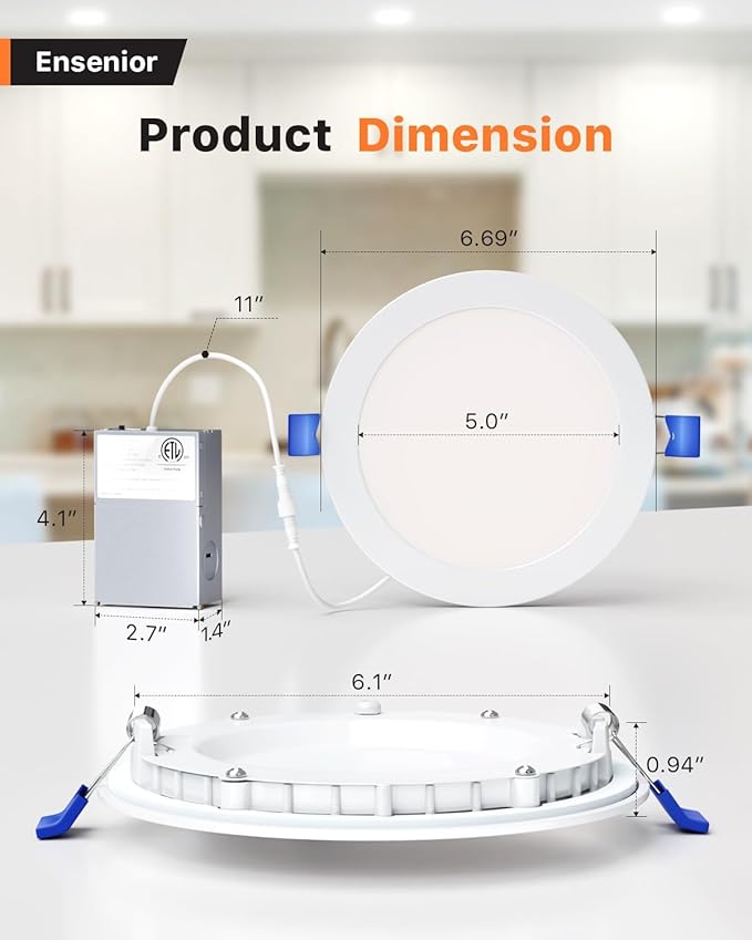 Ensenior 4 Pack 6 Inch LED Recessed Light, Dimmable, 3000K-5000K 3CCT, 1200LM High Brightness, 12W 120V, 3 Pin, ERL-12X-ETL, Damp Rated, Ultra-Thin Canless Wafer Ceiling Light - ETL & FCC & IC