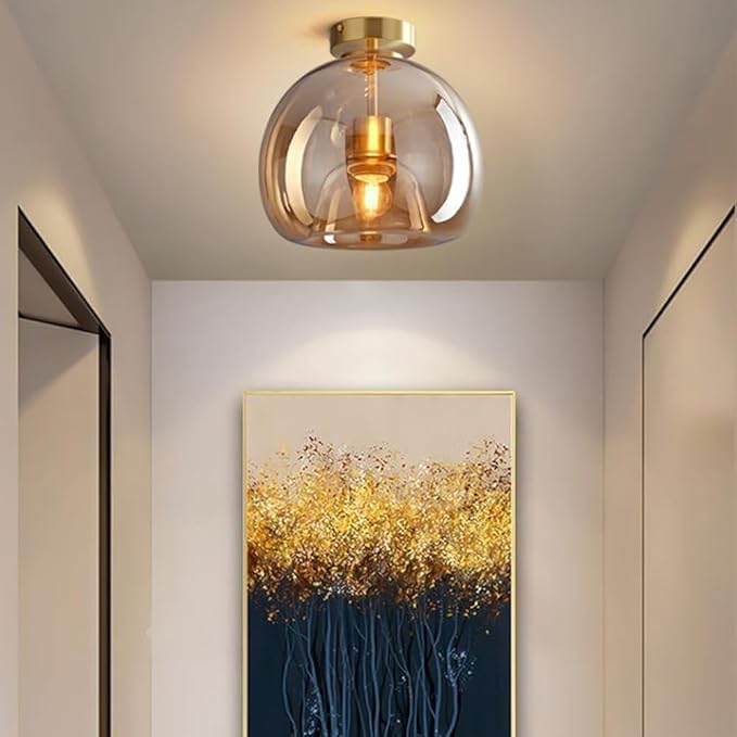 Nordic Mid Century Corridor Globe Semi Flush Mount Ceiling Light Fixture Amber Smoke Grey Glass Ceiling Lighting Simple Mini Ceiling Lamp for Aisle Porch Stairway Closet Kitchen