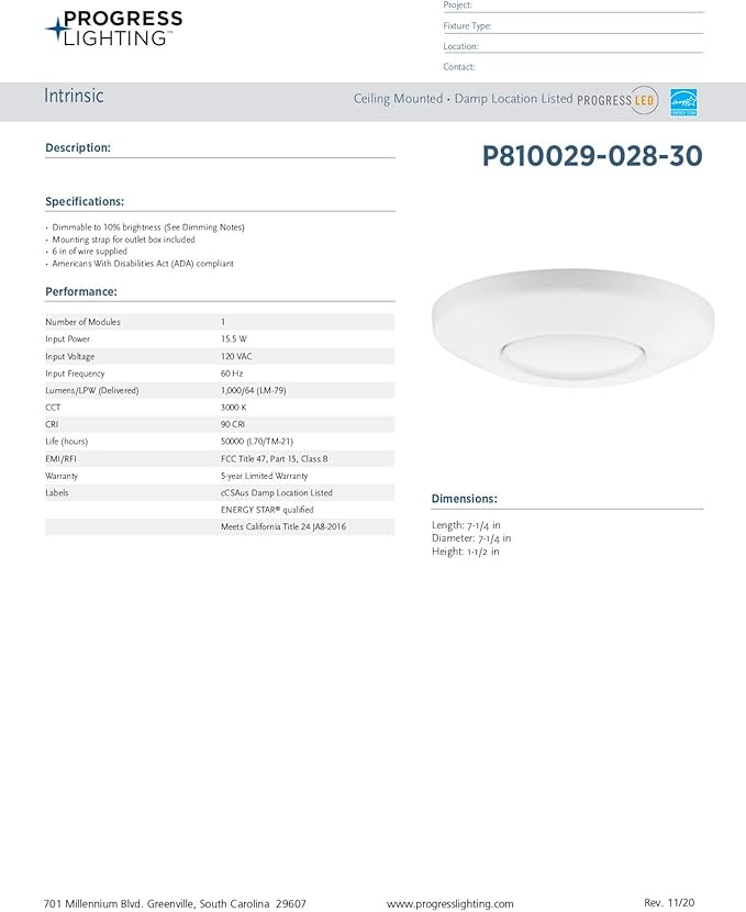 Progress Lighting P810029-028-30 Intrinsic Close-to-Ceiling, White, 1.57x7.25x7.25
