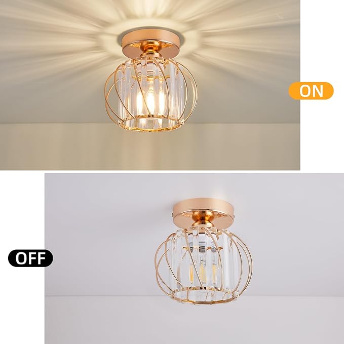 Semi Flush Mount Crystal Ceiling Light, Metal Cage Hallway Ceiling Lamps, Farmhouse Ceiling Light Fixture, Industrial Crystal Chandelier for Corridor Bathroom Kitchen (1, Gold, 7.5 Inch)