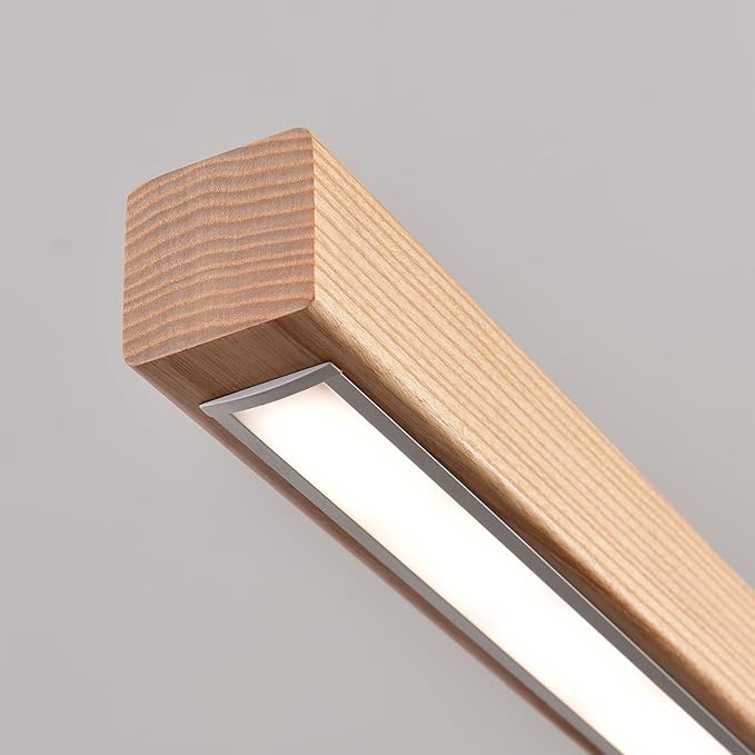 55" Wood Linear Pendant Modern Kitchen Island Light Fixture with Remote Solid Wooden Hanging Ceiling Light Chandeliers for Dining Room Kitchen Pendant Lighting Over Island Natural