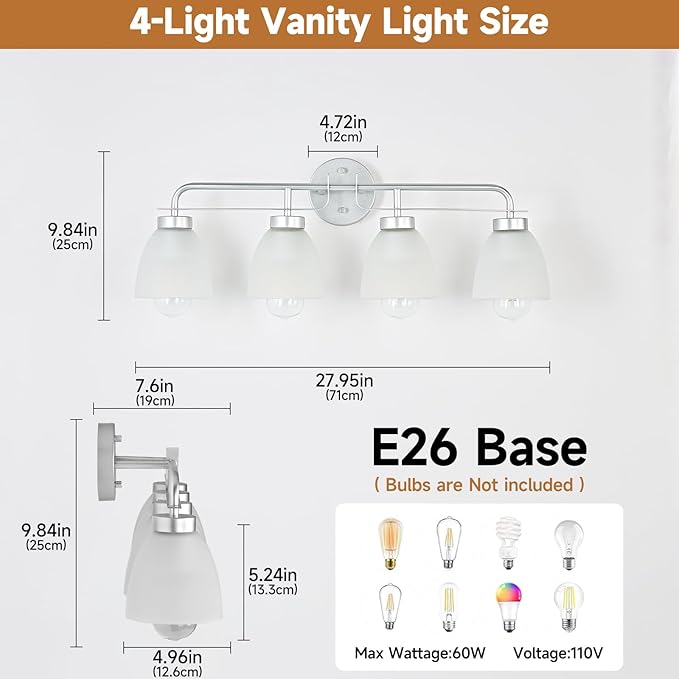 28 Inch Mid-Century Modern Vanity Lights, 4-Light Silver Bathroom Light Fixture with Frosted White Bell Shades, Industrial Wall Sconce for Mirror Over Vanity, Bedroom, Hallway