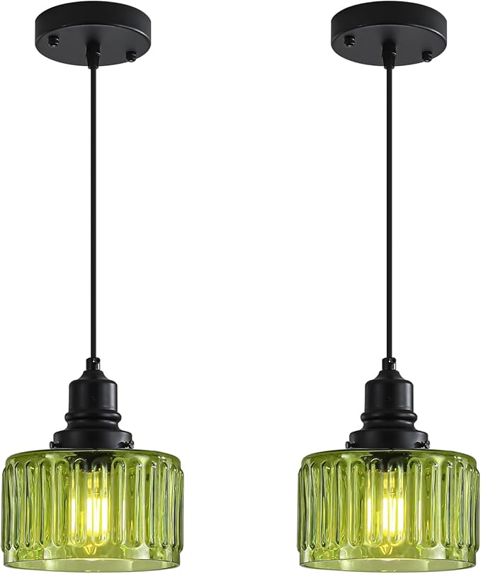 Green Pendant Lights Kitchen Island, Vintage Pendant Light Fixtures with 7" Clear Glass Shade, Farmhouse Hanging Lights for Kitchen, Bathroom, Bedroom, Dining Room, 2 Pack