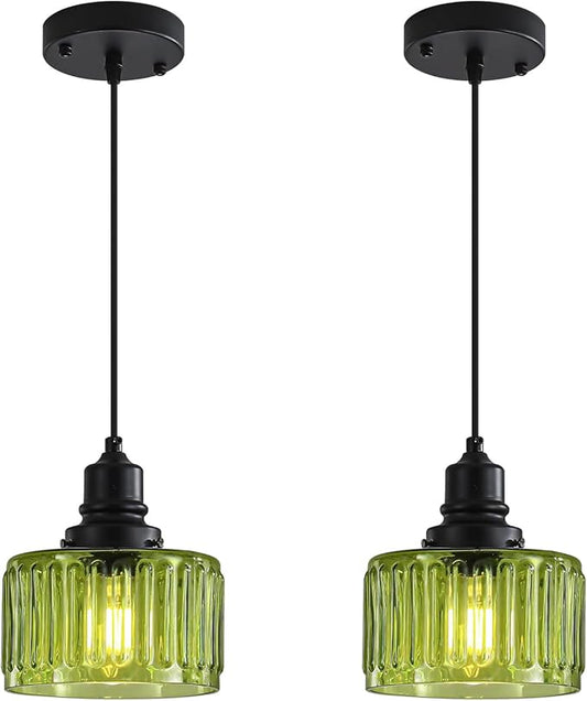 Green Pendant Lights Kitchen Island, Vintage Pendant Light Fixtures with 7" Clear Glass Shade, Farmhouse Hanging Lights for Kitchen, Bathroom, Bedroom, Dining Room, 2 Pack