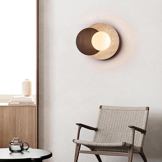 Marble Wall Lamp, Bathroom Vanity Light Fixtures, Wall Mount Lamp, Over Mirror, Wall Sconces Set of 2, Vintage Wall Light with Wood and Stone Shade, for Porch Workshop Kitchen Living Room