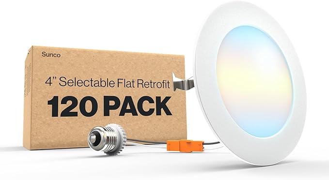 Sunco 120 Pack 4 Inch LED Flat Recessed Light, Retrofit Ceiling Can Lighting, 800 LM, Selectable CCT 2700K/3000K/4000K/5000K, Dimmable, 10W=60W, 50,000 Lifetime Hours UL