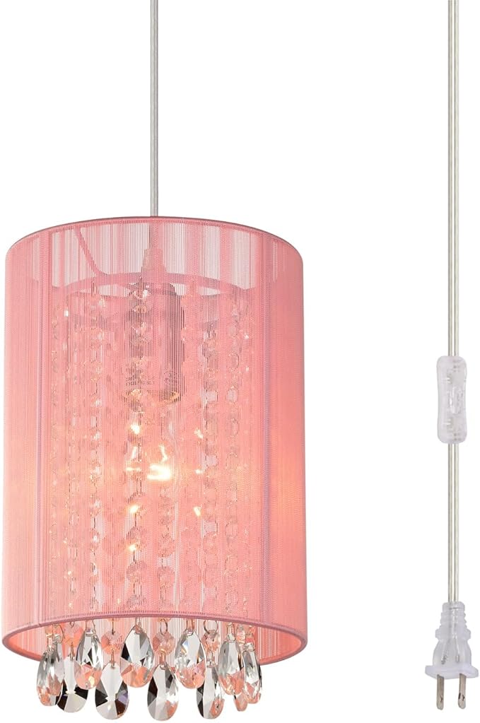 LaLuLa Hanging Lamp Plug in,Pink Cotton Hanging Lights with Plug in Cord, Crystals Pendant Light,1-Light Hanging Lamps for Living Room Plug in,Bedrooms, Girls Room,Vanity,Playhouse,Closet