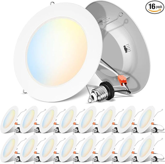 ANWIO Recessed Lighting 6 Inch, 16 Pack 5CCT Flat Retrofit LED Recessed Lights Can Needs, 2700/3000/4000/5000/6000K Selectable Can Lights 10W(120W Equivalent) CRI 80+ Dimmable E26 Base IC Rated & ETL