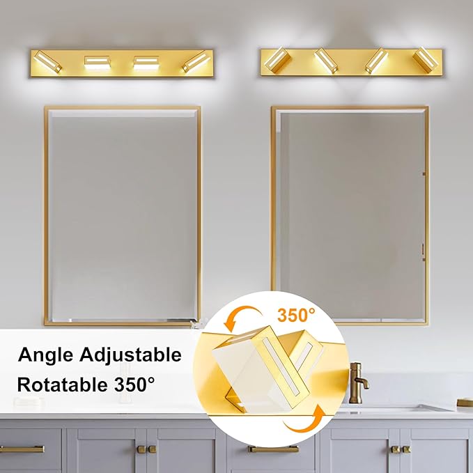 LED Modern Bathroom Light Fixtures, 4-Light 30-Inch Gold Vanity Lights for Bathroom Lighting Fixtures Over Mirror, 6000K Cool White 350° Rotatable Wall Lamp