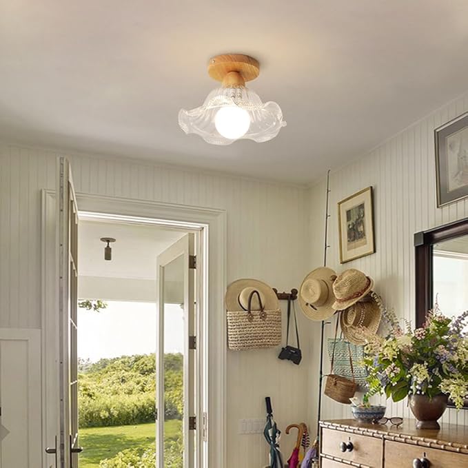 Schoolhouse Light Fixture Wood Ceiling Lamp, Semi Flush Mount Ceiling Light, 12'' Base, Balcony Solid Wood Hanging Light Farmhouse Bedroom Kitchen Hallway Glass Close to Ceiling Lights (D)