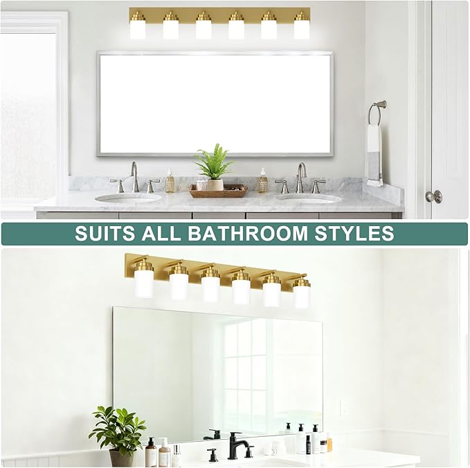 IZORRO Bathroom Vanity Light Fixture, 6-Light 46 Inch Gold Bathroom Light Fixtures Over Mirror, with White Glass Shade, Modern Farmhouse Vanity Lights, Rustic Restroom Lighting Fixtures