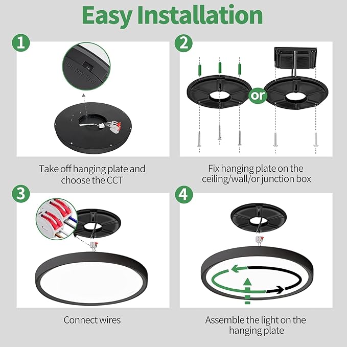 12PK 12 Inch LED Flush Mount Ceiling Lights, 24W, 2520LM, 3000K/4000K/6000K CCT Selectable, Round Flat Panel Low Profile Ceiling Lights Fitting for Hallway, Kitchen, Bedroom, Laundry Room, Black
