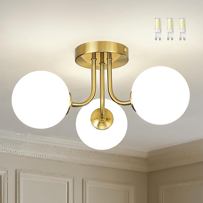 3-Globe Gold Semi Flush Mount Ceiling Light in a Modern Farmhouse Design is Ideal for Living Rooms, Bedrooms, or Dining Rooms. Model:CKCL4845-3W-PG.(Bulb Incl)