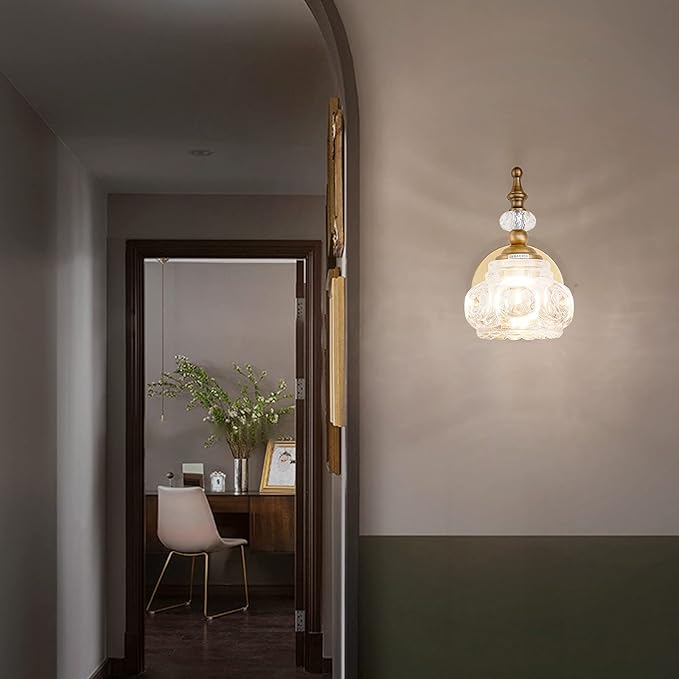 Vintage Wall Sconces, 1-Light Wall Lighting with Crystal Glass Shade, Matte Brushed Antique Brass Finish, Crystal Wall Light, Wall Lamp for Bathroom, Bedroom,Hallway(G9 Base)