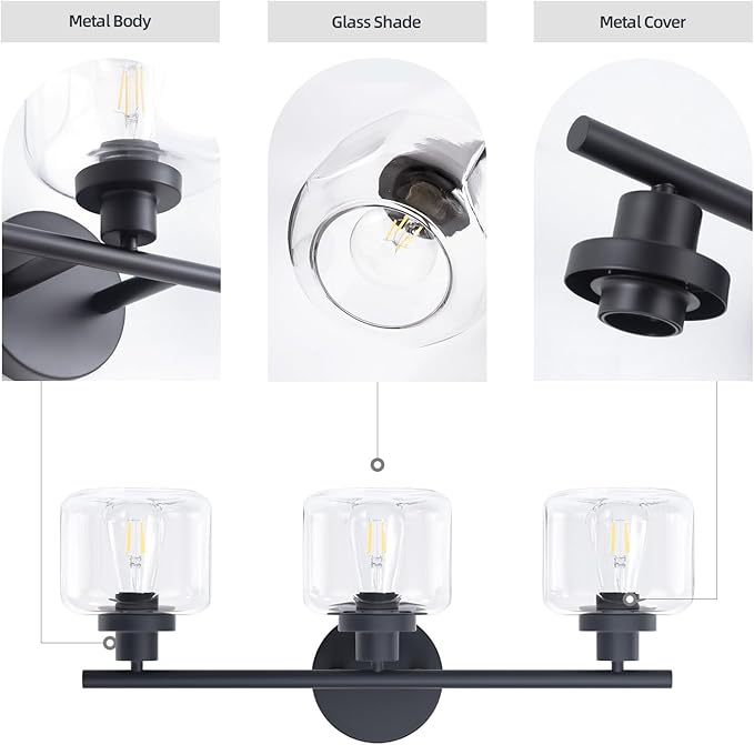 2025 Upgraded Black Bathroom Vanity Light 3-Lights Bathroom Light Fixtures Over Mirror with Glass Shade 25 inch Wall Sconce Lighting Bath(Exclude E26 Bulb)