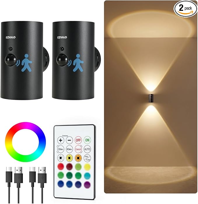 EZVALO Motion Sensor Wall Light, 4000mAh Rechargeable Wall Sconce with Remote, 12 RGB & 3 Color Temps, Up & Down Ambient Lighting for Bedroom, Hallway, Corner Decor (2 Pack, Black)
