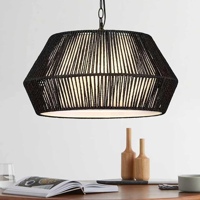 ELYONA 20" Modern Chandeliers for Dining Room, 4-Lights Large Rattan Chandelier Light Fixture with Fabric Shade Adjustable Boho Woven Hanging Pendant Light for Kitchen Island Living Room Bedroom Black