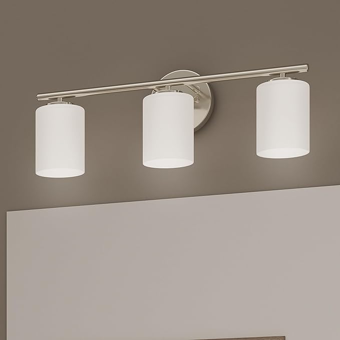 Replay Collection 3-Light Etched White Glass Modern Bath Vanity Light Brushed Nickel