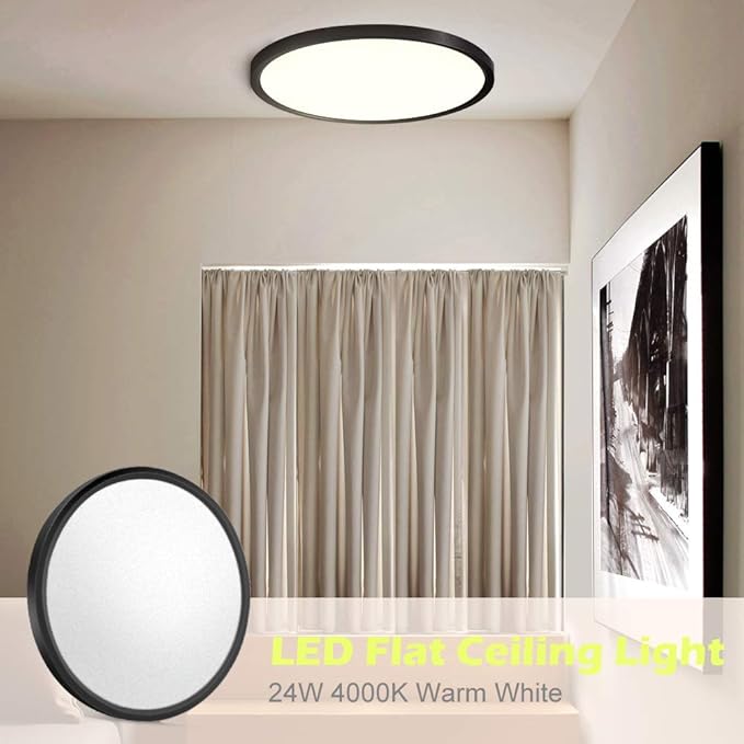 LED Flush Mount Ceiling Light Fixture, 12 Inch 24W (240W Equivalent) 4000K Natural White, 3200LM, Flat Modern Round Lighting Fixture, Black Ceiling Lamp for Kitchens, Stairwells, Bedrooms.etc.