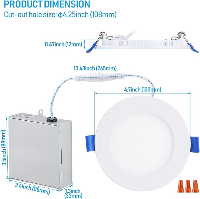 TORCHSTAR Basic Series 12-Pack 4 Inch Ultra-Thin LED Recessed Lighting with Junction Box, Aluminum, 2700K Soft White, 5%-100% Dimmable Slim Recessed Downlight, 10W 700LM, ETL and Energy Star