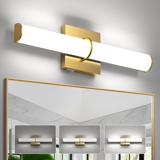 OOWOLF 17.3Inch Modern Vanity Light Fixture with Switch, 12W 5000K Led Bathroom Light Fixture Over Mirror, Hardwired, 1200LM Gold Vanity Light Bar for Mirror Bedroom Hallway Living Room