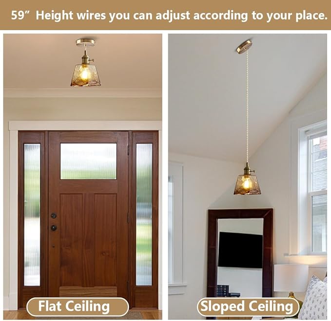 Vintage Pendant Light Fixtures, Amber Glass Lampshade with Switch Indoor Pendant Lighting for Bedside Dining Room Bathroom, Brass