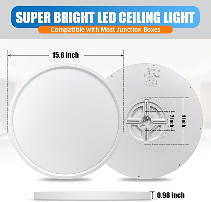 Allsmartlife LED Flush Mount Ceiling Light 4 Pack, 15.8 inch Thin Round Flat Panel Light 32W 4320lm, 3000K/4000K/6500K Dimmable, White Light Fixtures Ceiling Mount for Kitchen, Bedroom