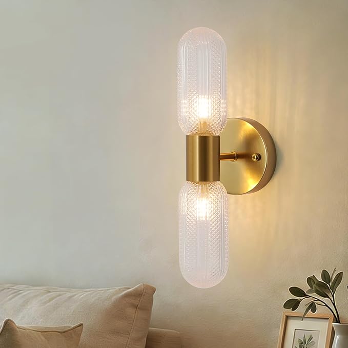 Modern Gold Wall Sconces, 2-Light Hardwired Brass Vanity Light Fixture with Glass Shade, Wall Lighting for Living Room Bedroom Bathroom Hallway, 2 G9 LED Bulbs Included