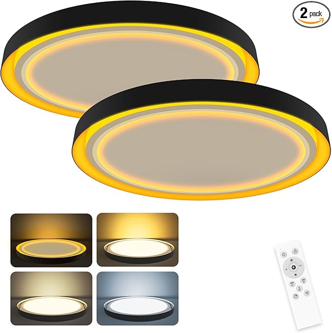 zemty 13in Morden Black LED Flush Mount Ceiling Lights with Remote, 3CCT/Dimmable, 24W 2400LM Light Fixture with Amber Night Light for Bedroom Bathroom Kitchen Basement-2 Pack