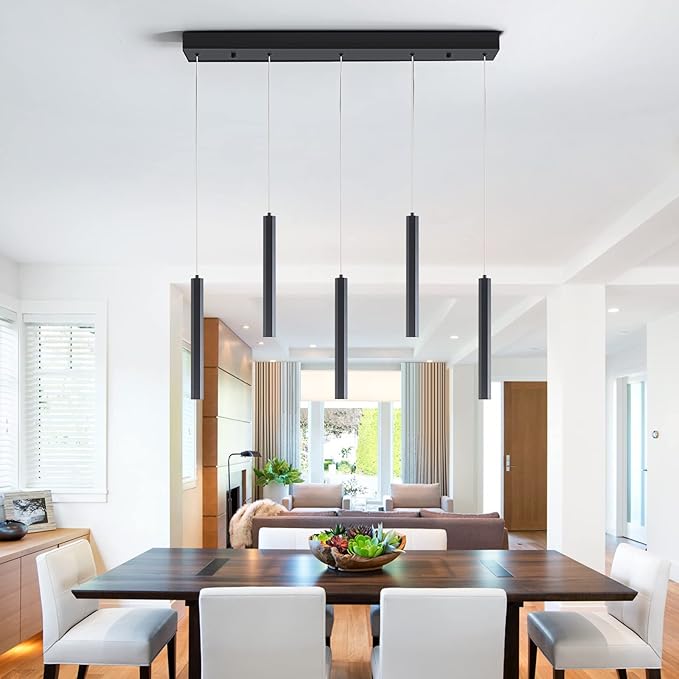 Modern Pendant 5 Light with Adjustable Height - Acrylic Shades & Matte Black Finish Pendant Light, 3000-6000K Dimmable Kitchen Pendant Lighting for Kitchen Island, Dining Room, Bar Counter