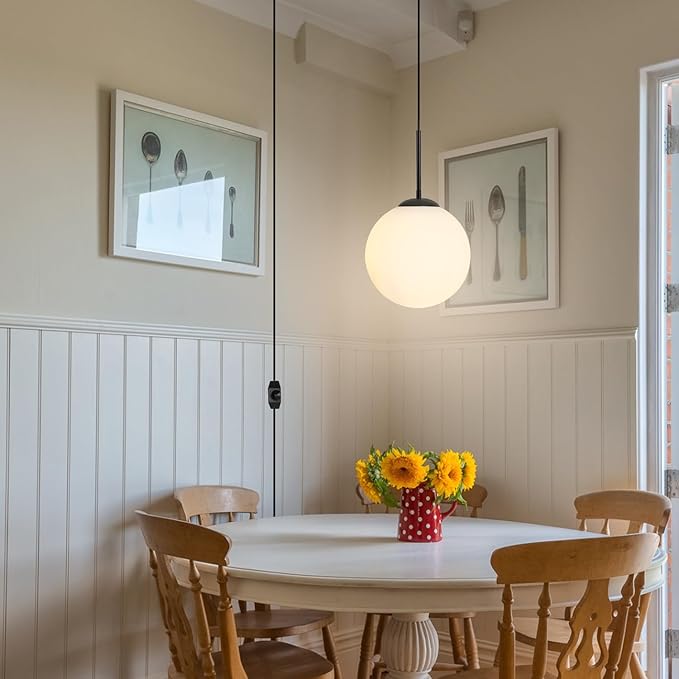 10” Plug in Globe Pendant Light Mid Century Modern Milk White Glass Globe Chandelier with 14.75ft Plug with Dimmable Switch for Bedroom Dining Room Kitchen Island, Black