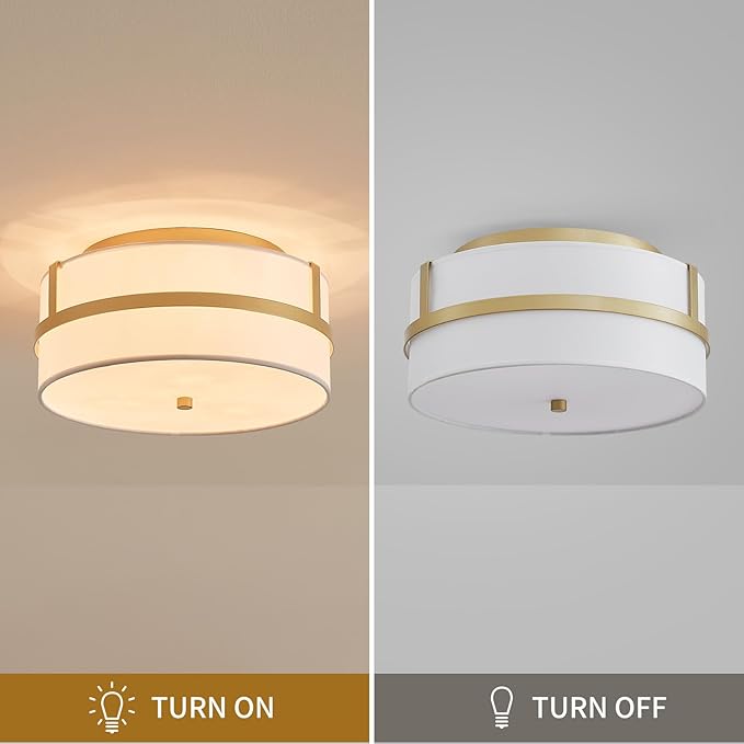 Modern Flushmount Ceiling Light, Chic Style Close to Ceiling Light Fixture for Living Room, Bedroom, Dining Room, Kitchen, D12 x 5.9 in, Drum Shape, White Fabric Lampshade & Gold Finish Frame