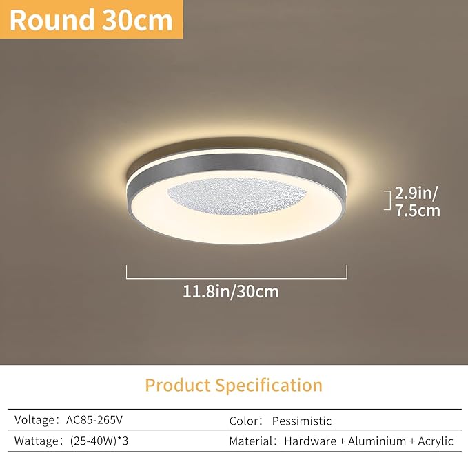LED Flush Ceiling Light, 11in Grey Round Ceiling Light Dimmable 3000K/4500K/6500K Color Recessed Lamp for Living Room, Bedroom, Office,Hallway