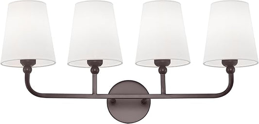Bathroom Light Fixtures, 4 Light Oil Rubbed Bronze Vanity Lights with Flared White Fabric Shade, 28 Inch Wall Sconce, Vintage Sconces Wall Lighting for Hallway Bedroom, VL837-ORB-4