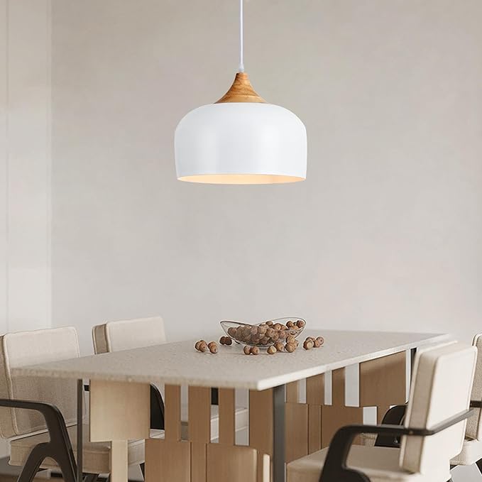 Modern Large Pendant Lights,Wooden Dome Pendant Light Fixture,Adjustable Hanging Pendant Lighting,ChandelierLamp for Kitchen Island,Dining Room,Hallway,Bedroom(White)