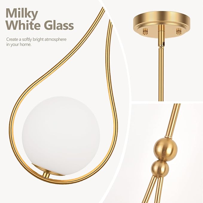Gold Pendant Lights with Milky White Globe Glass Pendant Lights Kitchen Island Adjustable Mid Century Hanging Pendant Light Fixtures for Kitchen Dining Room Entryway, 1 Pack
