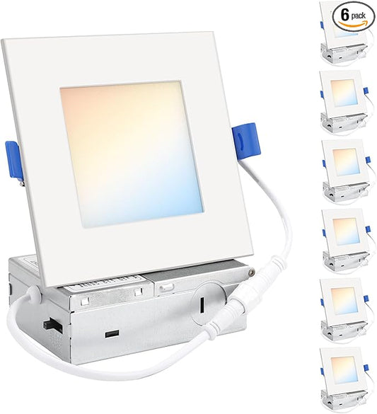 HONZIN Square LED Recessed Lighting 4 Inch, 5CCT Ultra Thin Led Recessed Ceiling Lights 6 Pack, Selectable 2700K/3000K/3500K/4000K/5000K, 9W, IC Rated, Dimmable Square White Trim with Junction Box