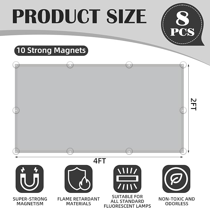 ANGSYLTH 8 Pcs Fluorescent Light Covers - 4 x 2 Feet Covers for Ceiling Lights, Magnetic Light Filters for Classroom, Office, Hospitals, Home (Light Gray-2)