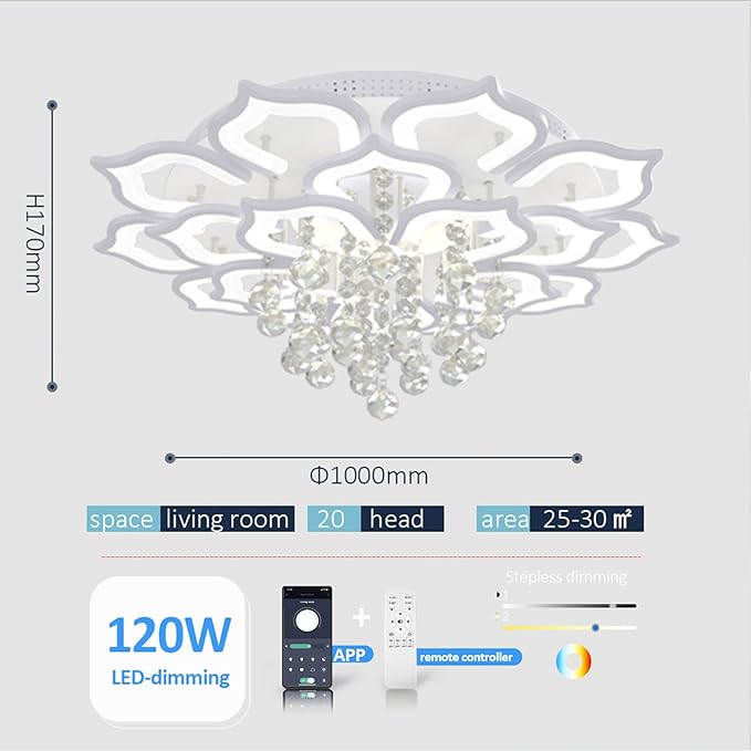 AHAWILL Modern Ceiling Light,Crystal Flush Mount LED Chandelier Ceiling Flower Lamp with Remote Control for Living Room,Bedroom,Hall,Dining Room,Etc.39.4″/120w/20 Heads…