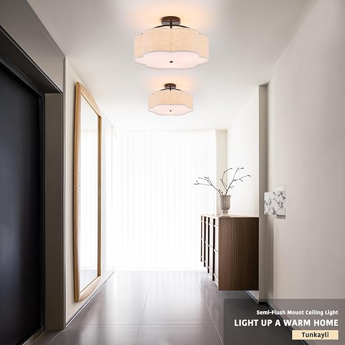 18" Semi Flush Mount Ceiling Light Modern 3-Lights Black Drum Ceiling Light Fixture with Fabric Linen Shade, Vintage Modern Ceiling Lighting for Laundry Room, Kitchen, Basement, Bedroom