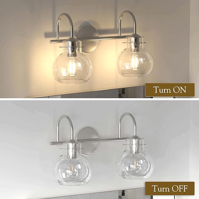 2-Light Bathroom Light Fixtures, Brushed Nickel Vanity Light with Clear Glass Shade,Modern Wall Sconce for Mirror Bath Bedroom Hallway Farmhouse Kitchen