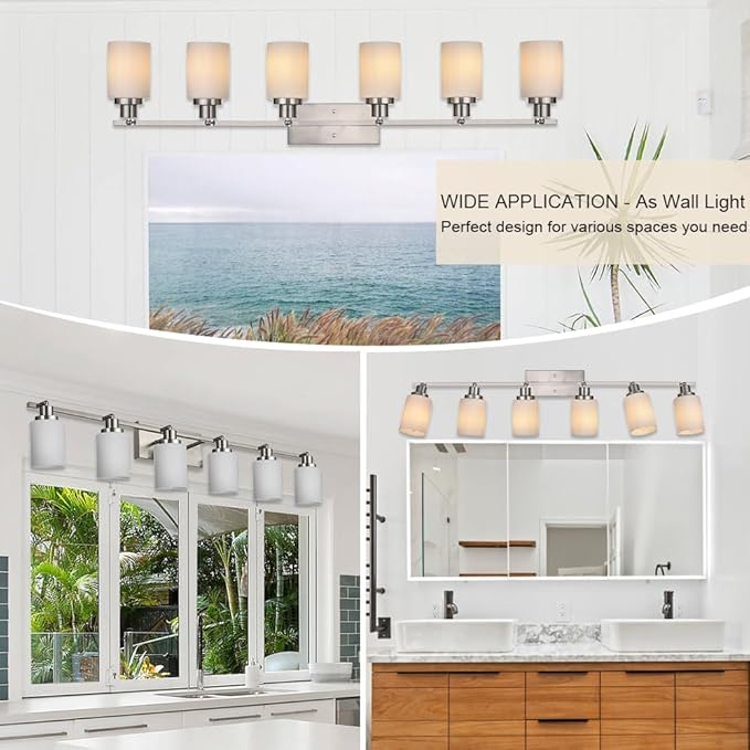 TODOLUZ 6-Lights Track Lighting Ceiling, Ceiling Spotlight Fixtures Brushed Nickel Bathroom Vanity Lighting with Opal White Glass, E26 Bulb Base