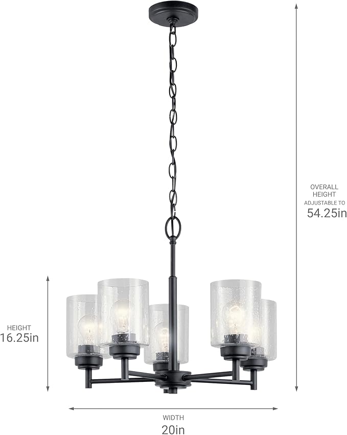 Kichler Winslow 19.75" 5-Light Chandelier Light with Clear Seeded Glass in Black for Kitchen, Bar, Dining Room, Living Room (19.75" x 16.25"), 44030BK