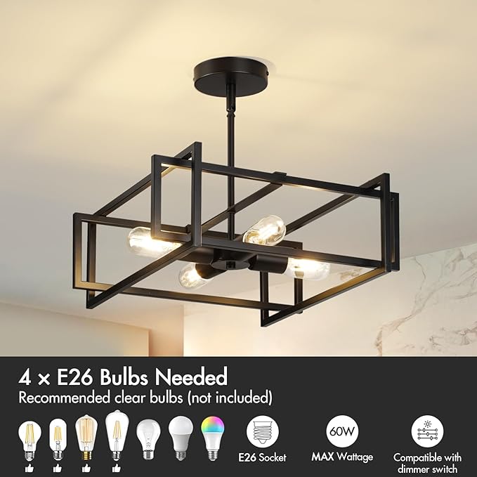 Modern Black Semi Flush Mount Ceiling Light Fixture 16.5", 4-Light Industrial Farmhouse Lighting for Kitchen Dining Room Living Room Entryway Bedroom Hallway, Sloped Ceiling Compatible, E26 Base