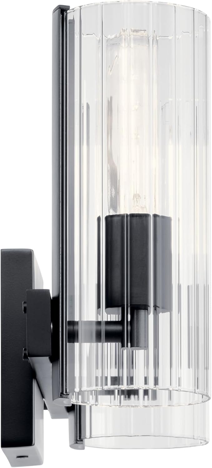 Kichler Jemsa 2-Light Bathroom Vanity Light Fixture with Clear Fluted Glass in Black, Modern Wall Mount Light for Bathroom or Powder Room (9.75" x 13.75"), 55167BK