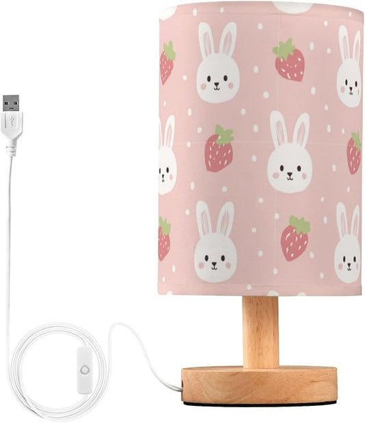 Aslsiy Cute White Bunny Strawberry Bedside Table Lamp Pink Nightstand Lamp Night Light Fabric Shade for Bedroom Living Room Home Office