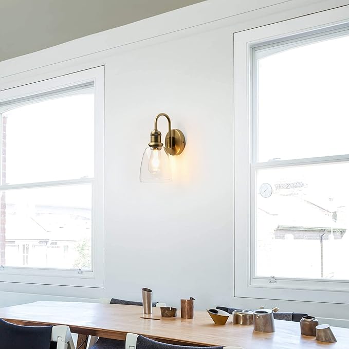 1-Light Vintage U-Shaped Wall Sconce Lamp with Cloche Clear Glass Shade, Industrial Indoor Wall Light Fixture for Bathroom Living Room Bedroom Over Kitchen Sink
