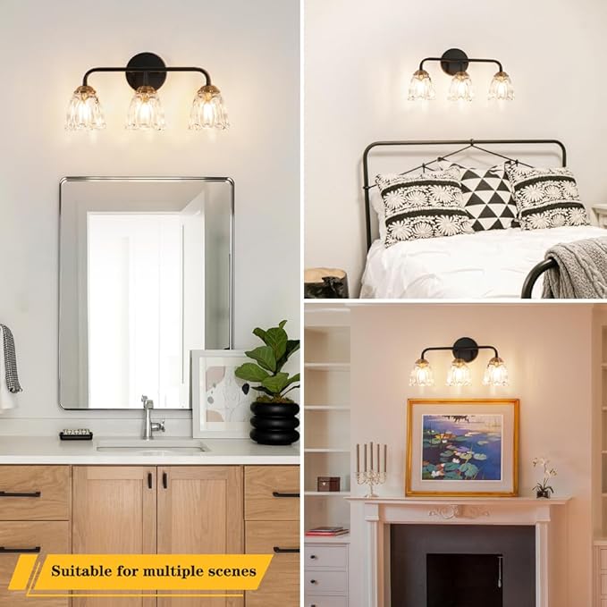 Daunton Vintage 3 Light Vanity Light, Black and Gold Bathroom Vanity Light, Bathroom Light Fixtures with Glass Shade, Antique Vanity Light Fixtures Over Mirror, Wall Sconce for Bedroom, Living Room